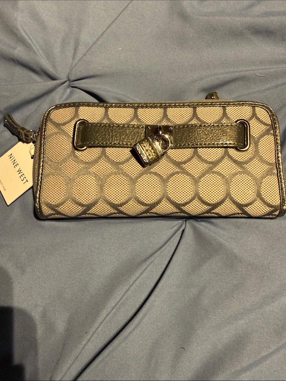 Nine West gray and silver Logo Wristlet Wallet with Lock Charm